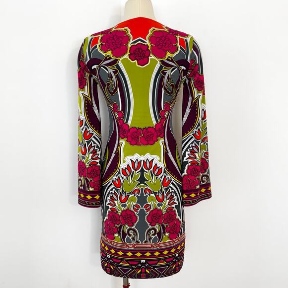 Hale Bob Lotus Stretch Jersey Shift Mini Dress Long Bell Sleeves Retro Floral XS - Picture 8 of 12